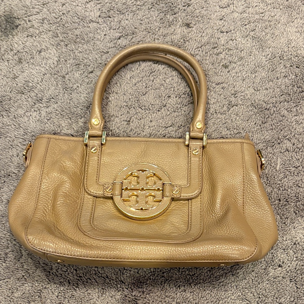 Tory Burch Gold-Tone Logo Tan Shoulder Bag